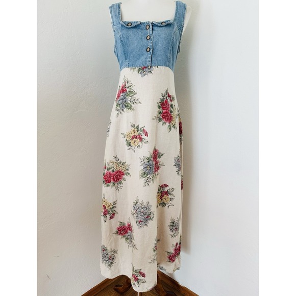 Triangle Blues Dresses & Skirts - VTG Triangle Blues Denim Floral Maxi Dress Sz 9 Made USA Cottagecore 90s